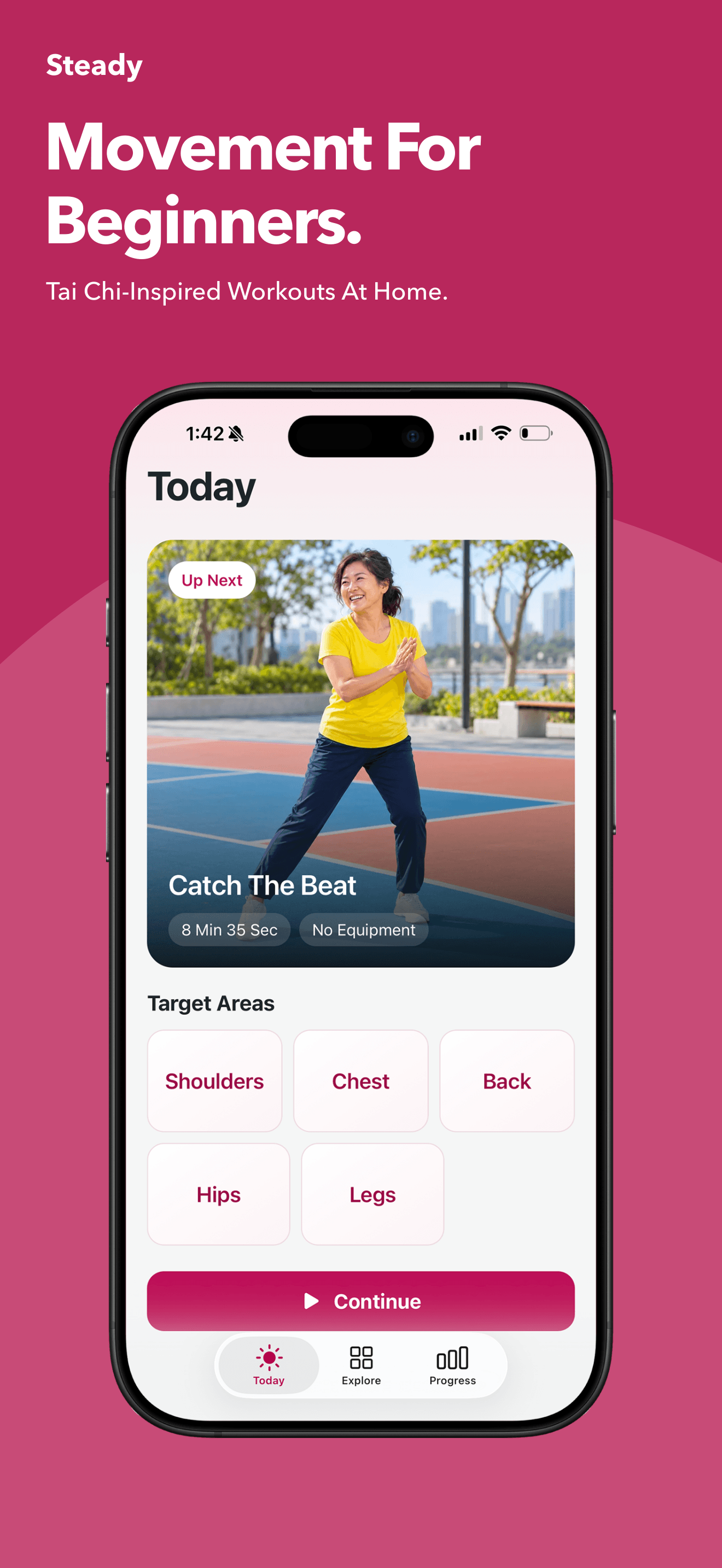 The Steady Today screen on an iPhone, with a guided workout and movement choices.